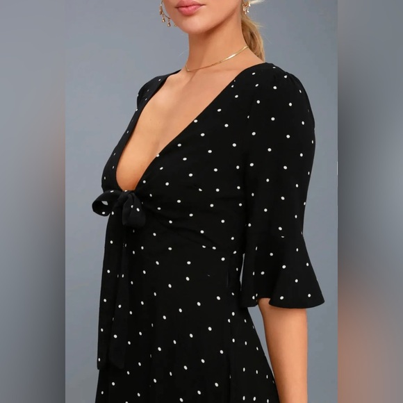 Free People Polka Dot Mini Dress Size 2 Black Tie Neck - Picture 4 of 10